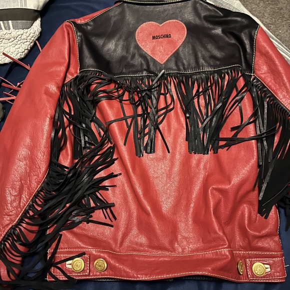 90s Vintage Moschino Leather Jacket Love Fringe Heart Red - Picture 2 of 4